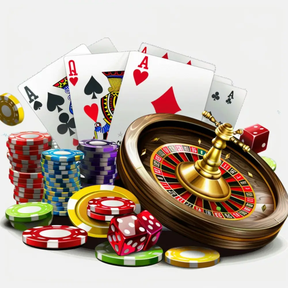 Tumpukan chip dan kartu remi di atas meja kasino